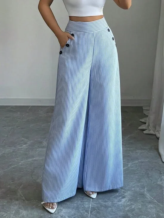 Blue And White Elegant Women's High-Waisted Slim Straight Pants - Picture 3 of 7